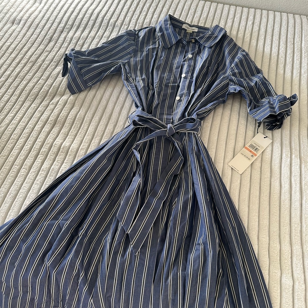 Calvin Klein Dress Women's Blue & White Long Striped button down dress with belt